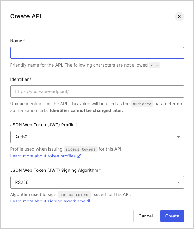 Dashboard - Applications - APIs - Create API - Popup