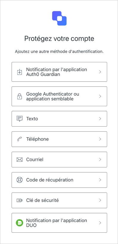 The authentication method selection screen