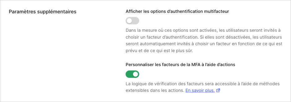 Auth0 Dashboard > Sécurité > Authentification multifacteur > paramètres additionnels
