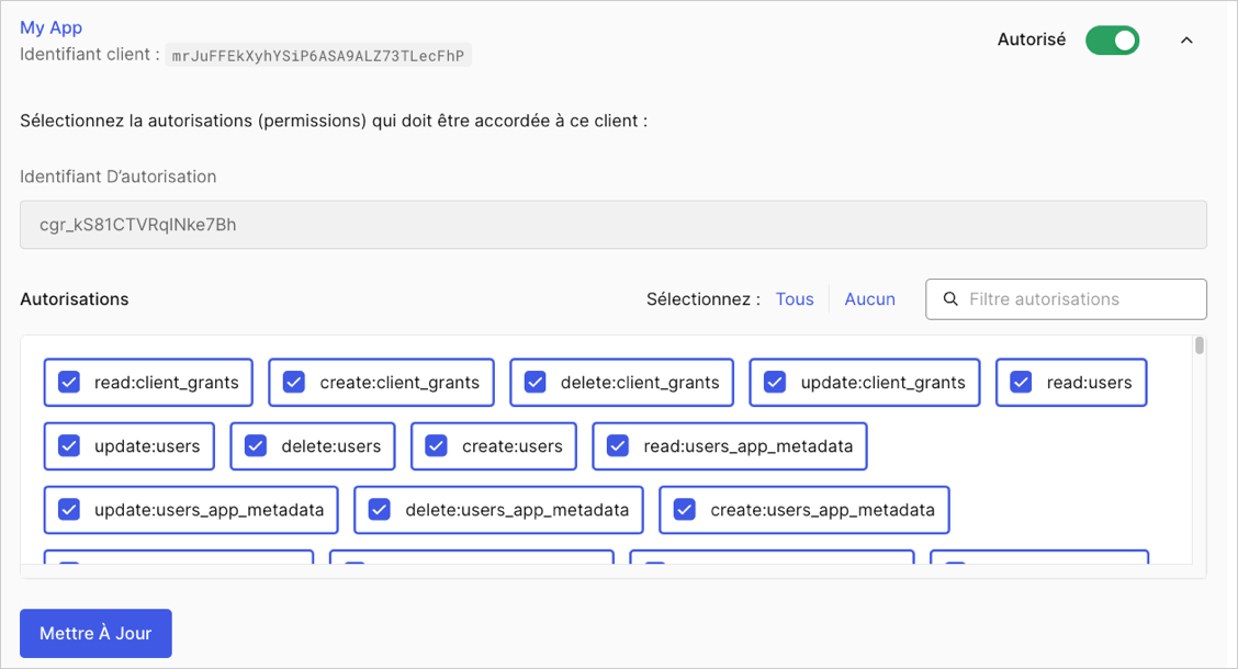 Auth0 Dashboard > APIs > Management API > M2M Tab > App Permissions