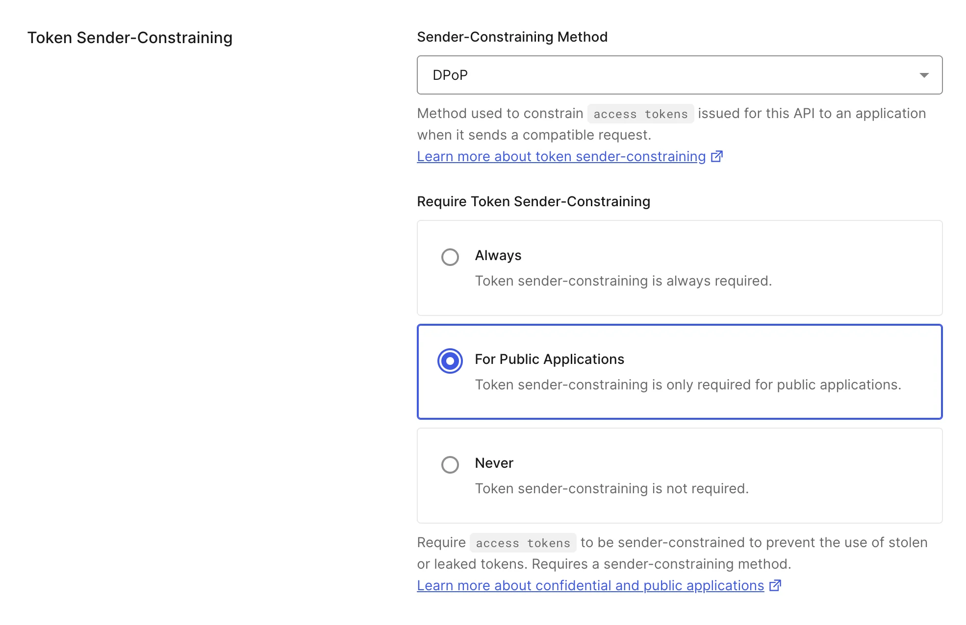 Auth0 Dashboard > APIs > Settings > Token binding
