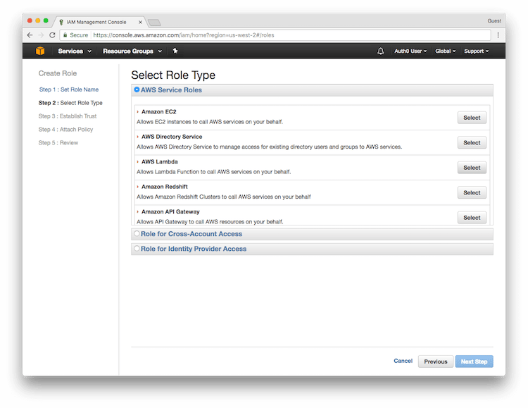 IAM Console - Select the Role Type - Service Roles - AWS Lambda