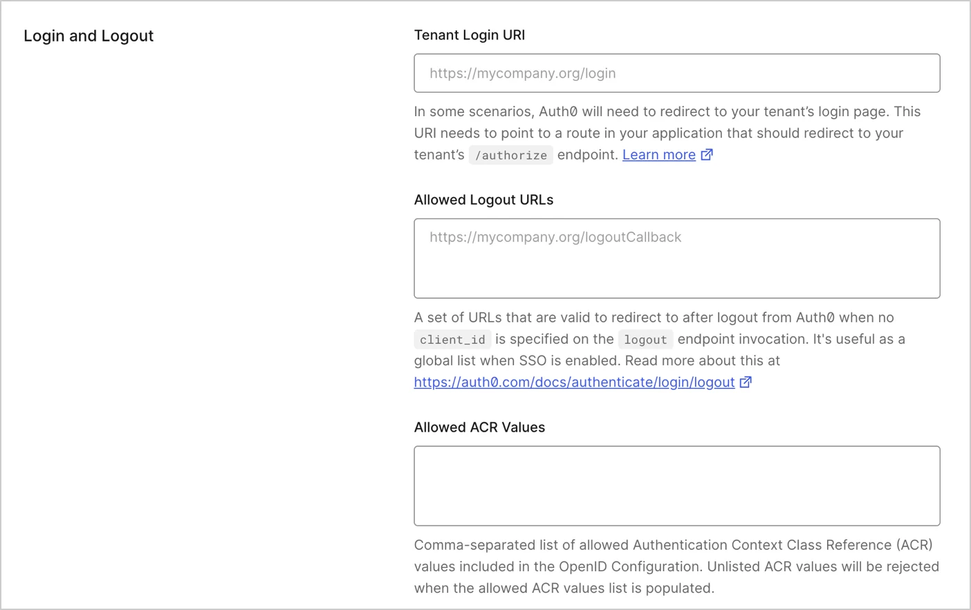 Auth0 Dashboard Settings Advanced Tab Login and Logout