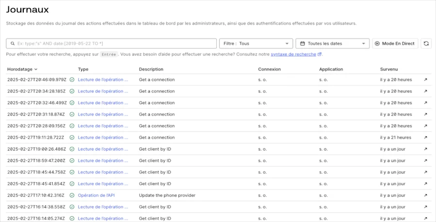 Dashboard Monitoring (Suivi) Logs (Journaux)