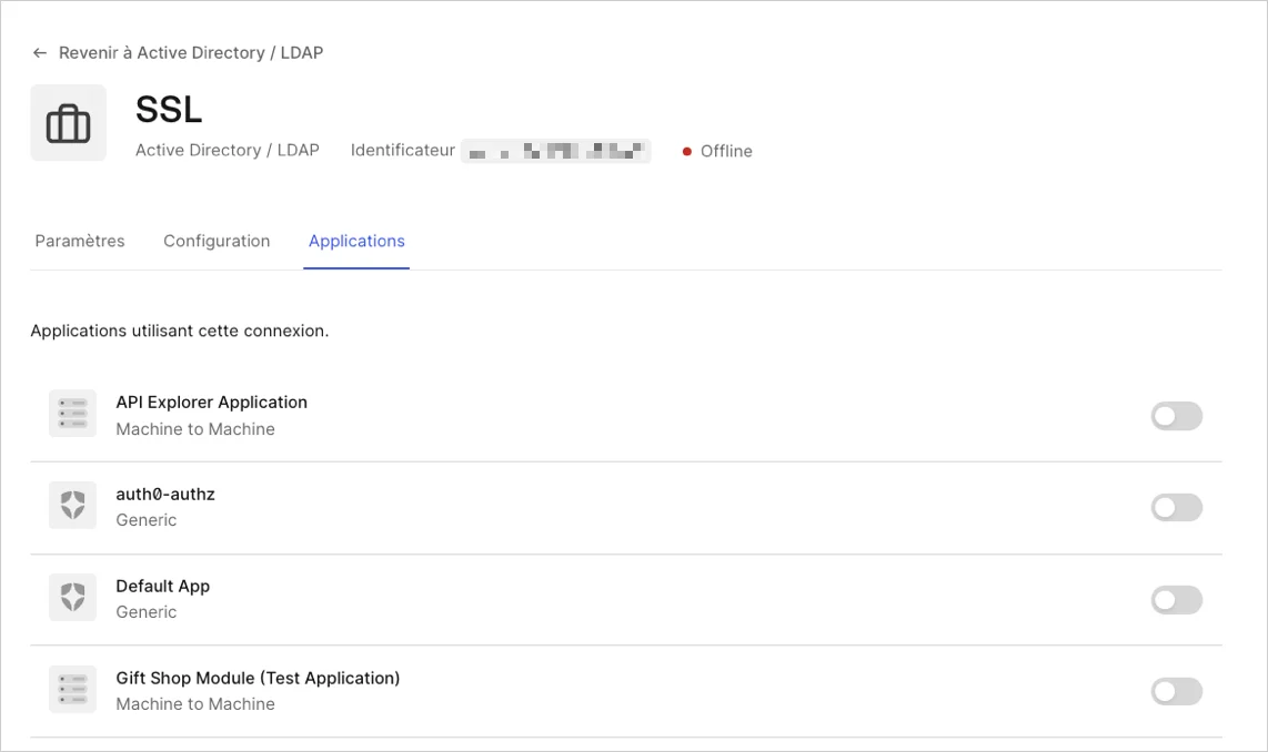 Dashboard – Connexions – Entreprise – Applications