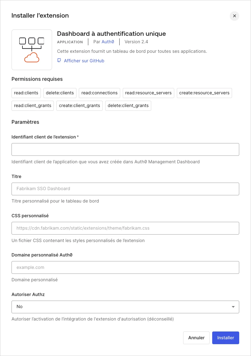 Dashboard – Extensions – SSO tableau de bord – Installer extension