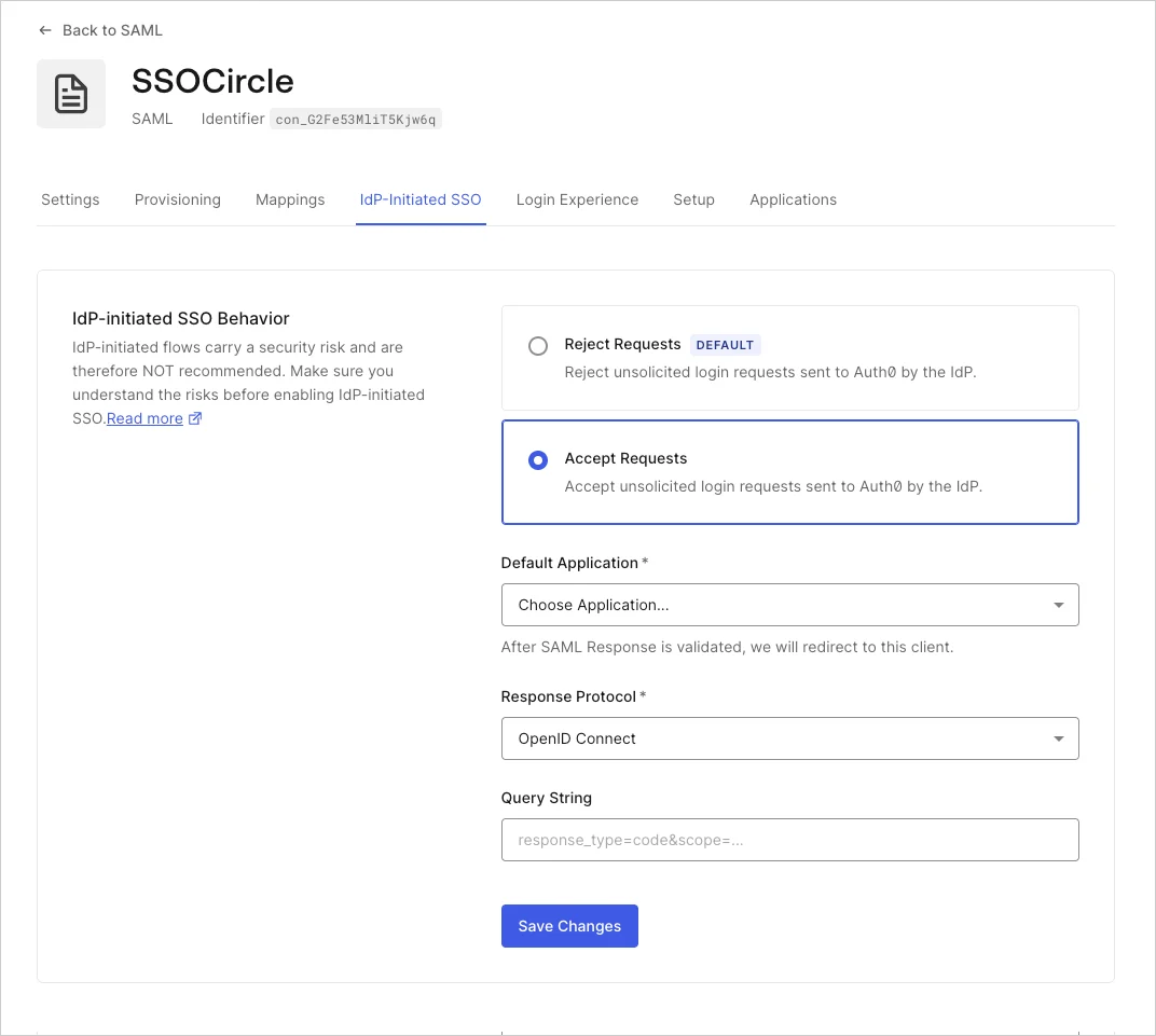 Protocols IdP-initiated SSO Configuration Screen