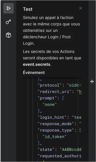 Éditeur de code d’actions : panneau Test Runner