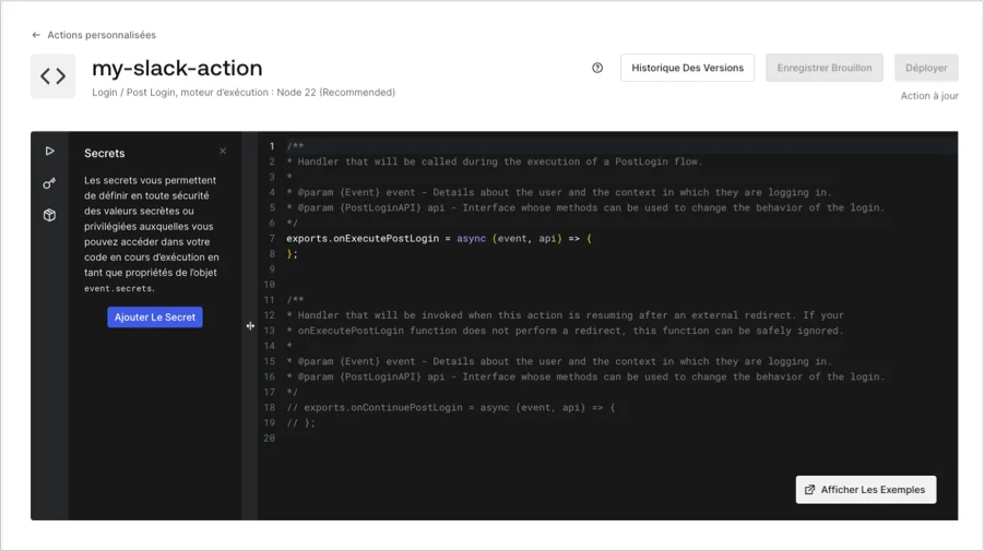 Actions Code Editor (Éditeur de code d’actions)