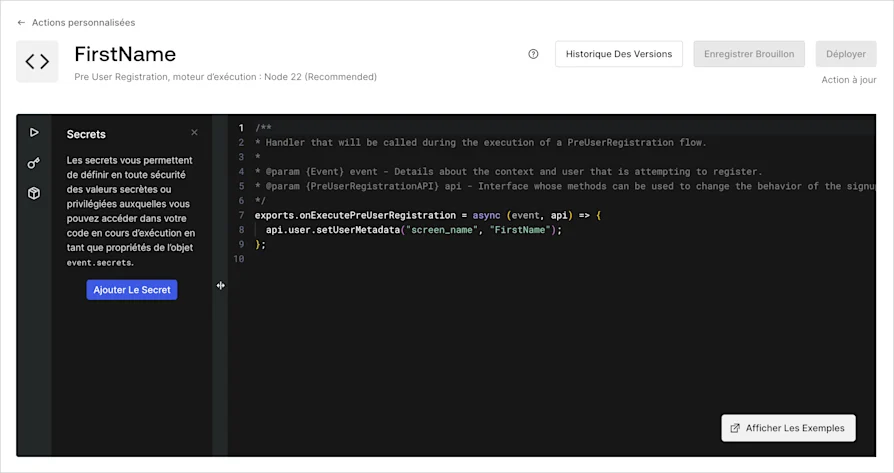 Capture d’écran du module de tests à l’intérieur du Action Code Editor (Éditeur de code d’Actions)