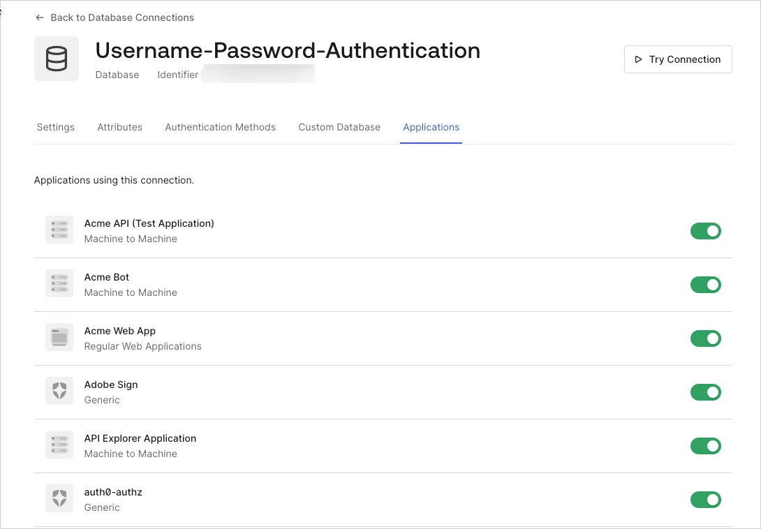 Dashboard - Connections - Database - Edit - View Applications