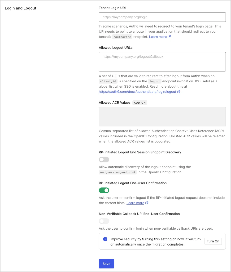 Dashboard Tenant Settings Advanced Tab Login and Logout