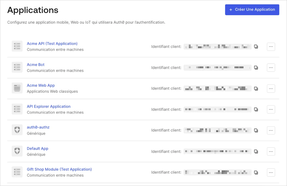 Tableau de bord - Liste des applications