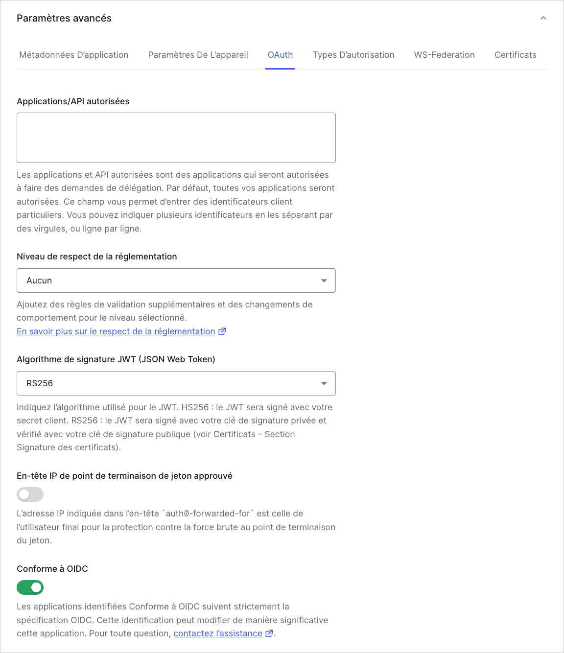 Tableau de bord Applications Onglet Paramètres d’application Paramètres avancés Onglet OAuth