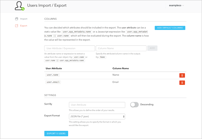 Dashboard 拡張機能 ユーザーのインポートエクスポート 設定 エクスポート形式