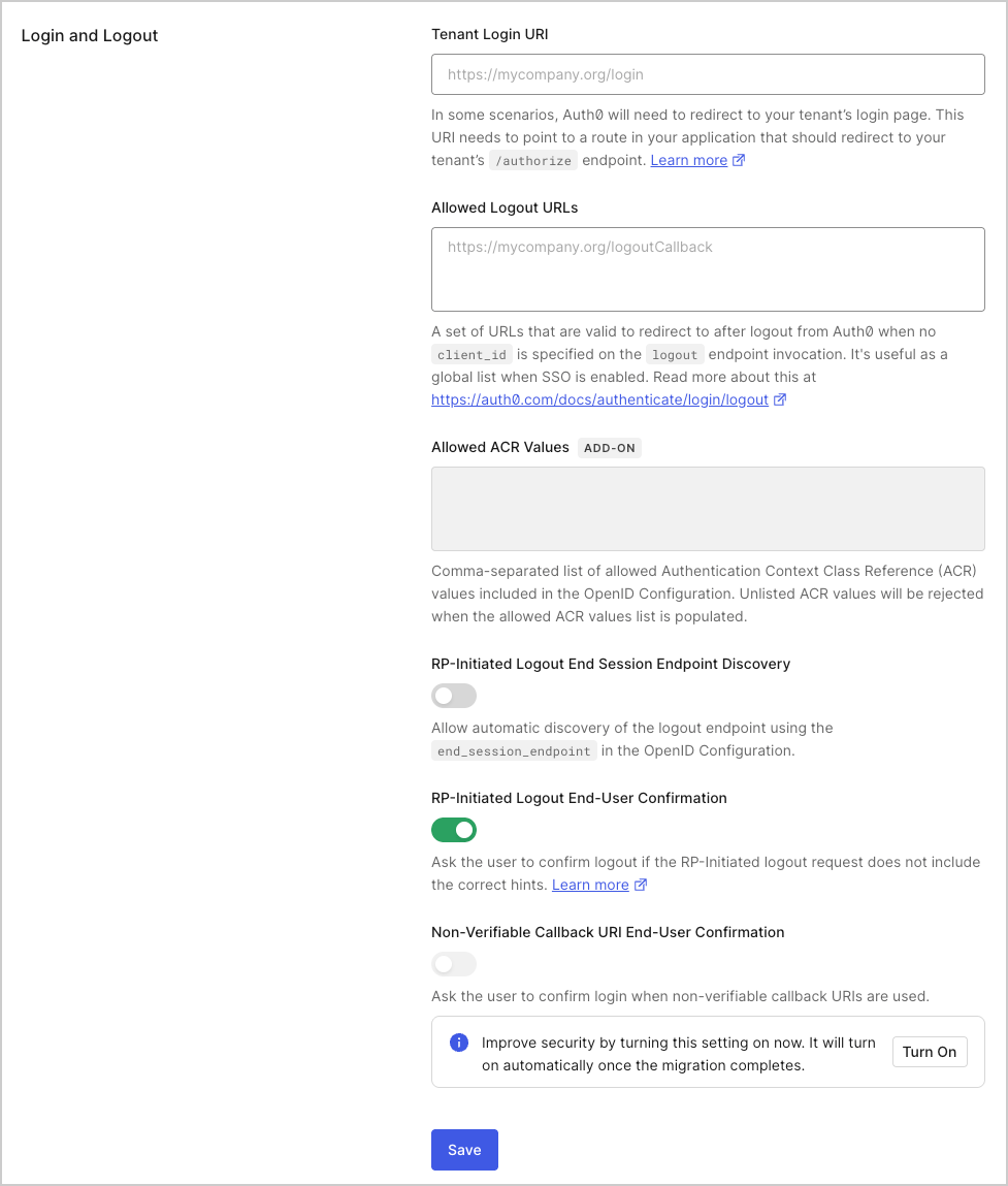 Dashboard Tenant Settings Advanced Tab Login and Logout