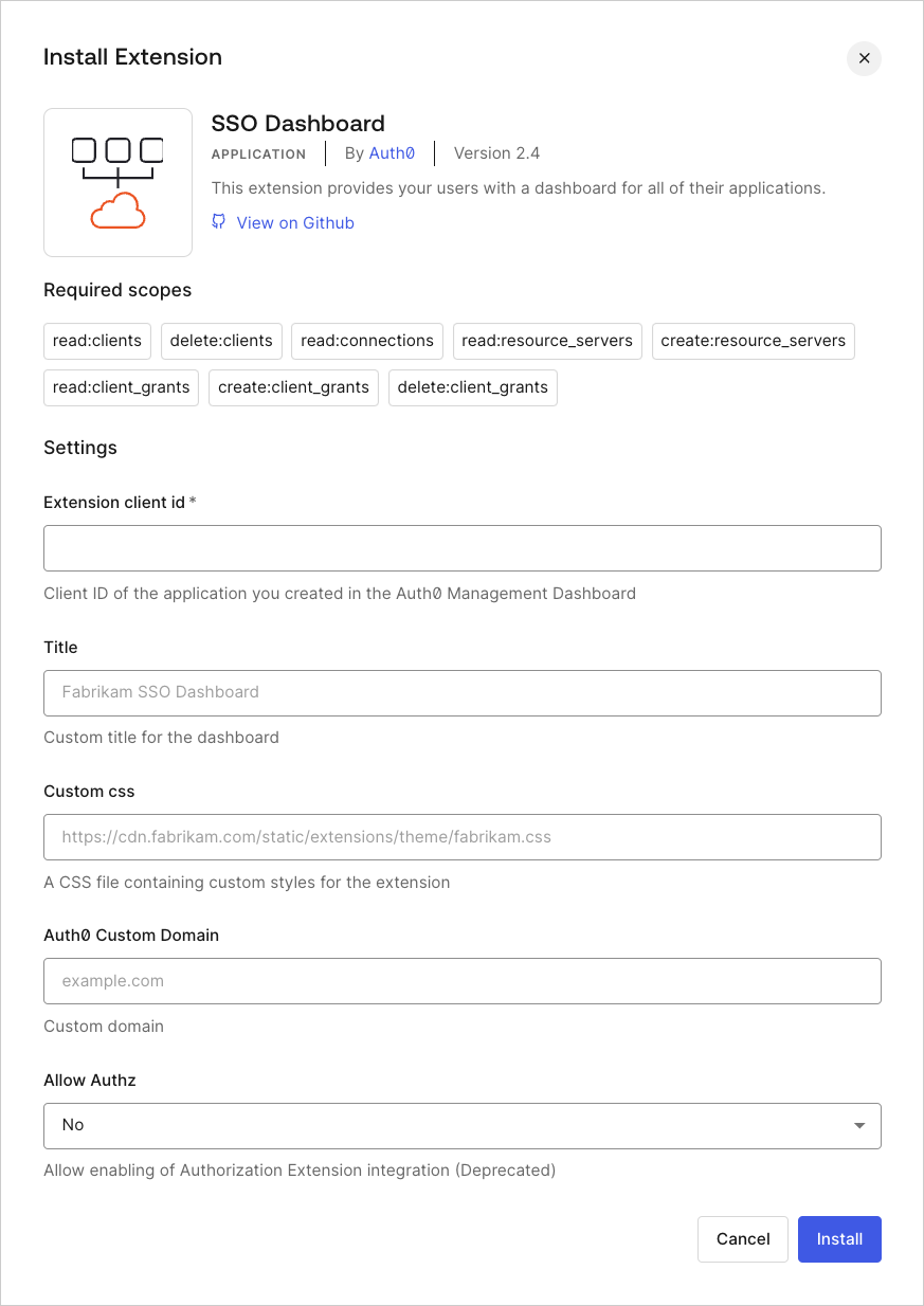 Dashboard - Extensions - SSO Dashboard - Install Extension