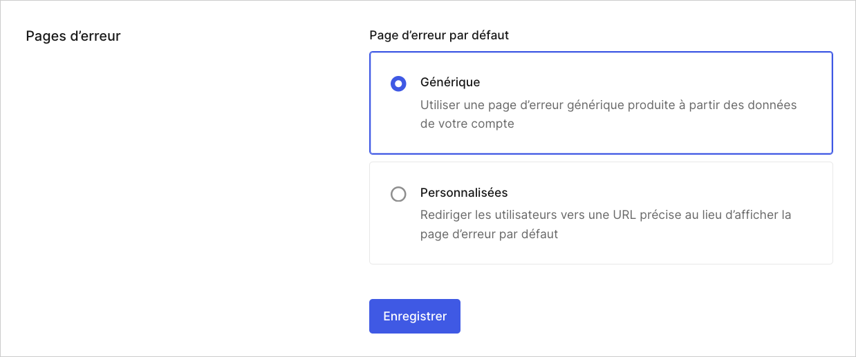 Dashboard Paramètres de locataire Général Pages d’erreur