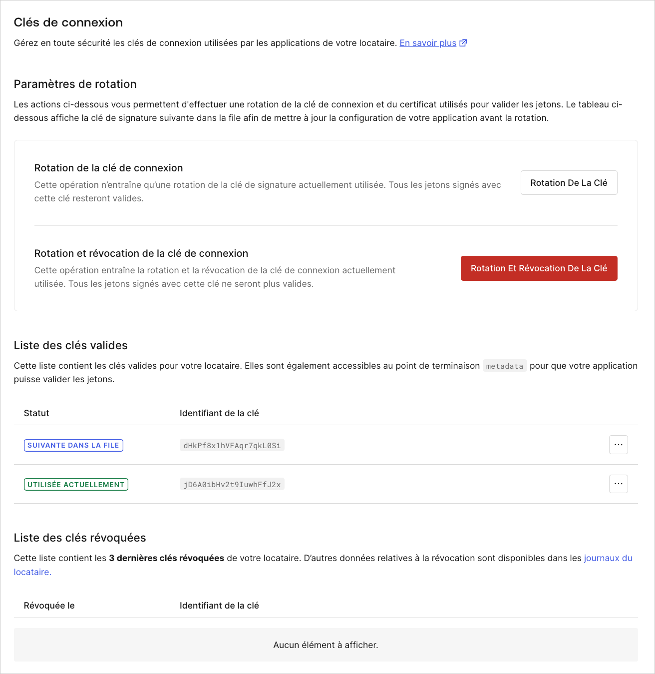 Tableau de bord Paramètres de locataire Onglet Clés d’authentification