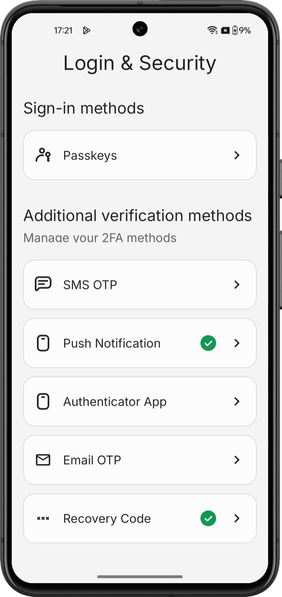 AuthenticatorSettingsComponent showing sign-in methods and verification methods on Android