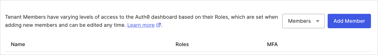 Onglet Membres du tenant dans Tenant Settings du Dashboard