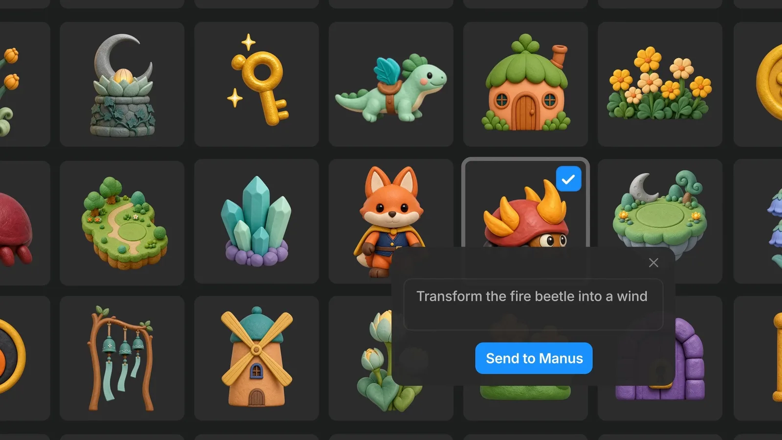 Ein Raster mit Spiel-Assets, in dem ein Gegner ausgewählt ist, und ein Eingabefeld mit der Schaltfläche Send to Manus