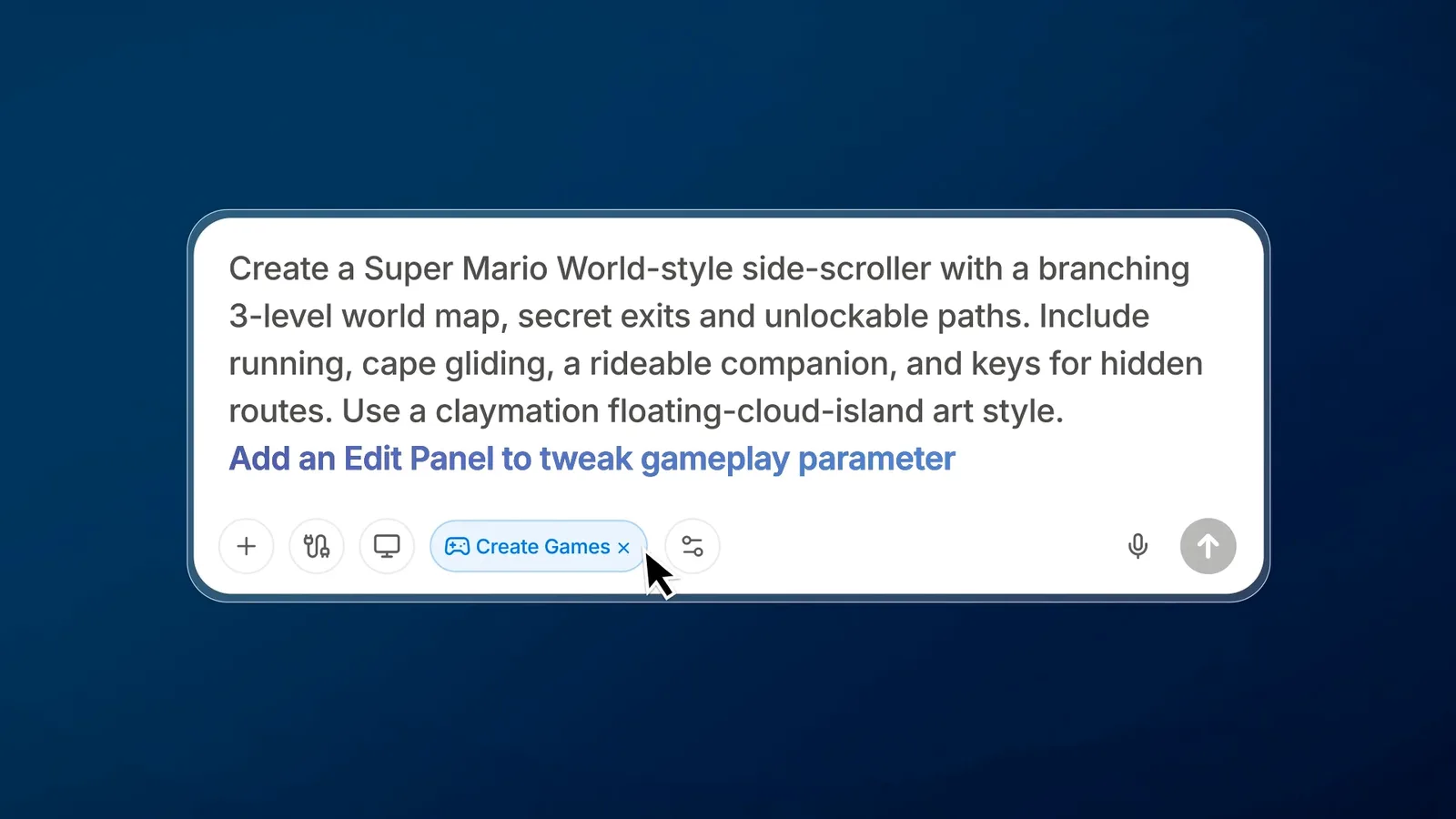 Eine ausführliche Spielanweisung im Eingabefeld von Manus mit ausgewähltem Create Games-Tag
