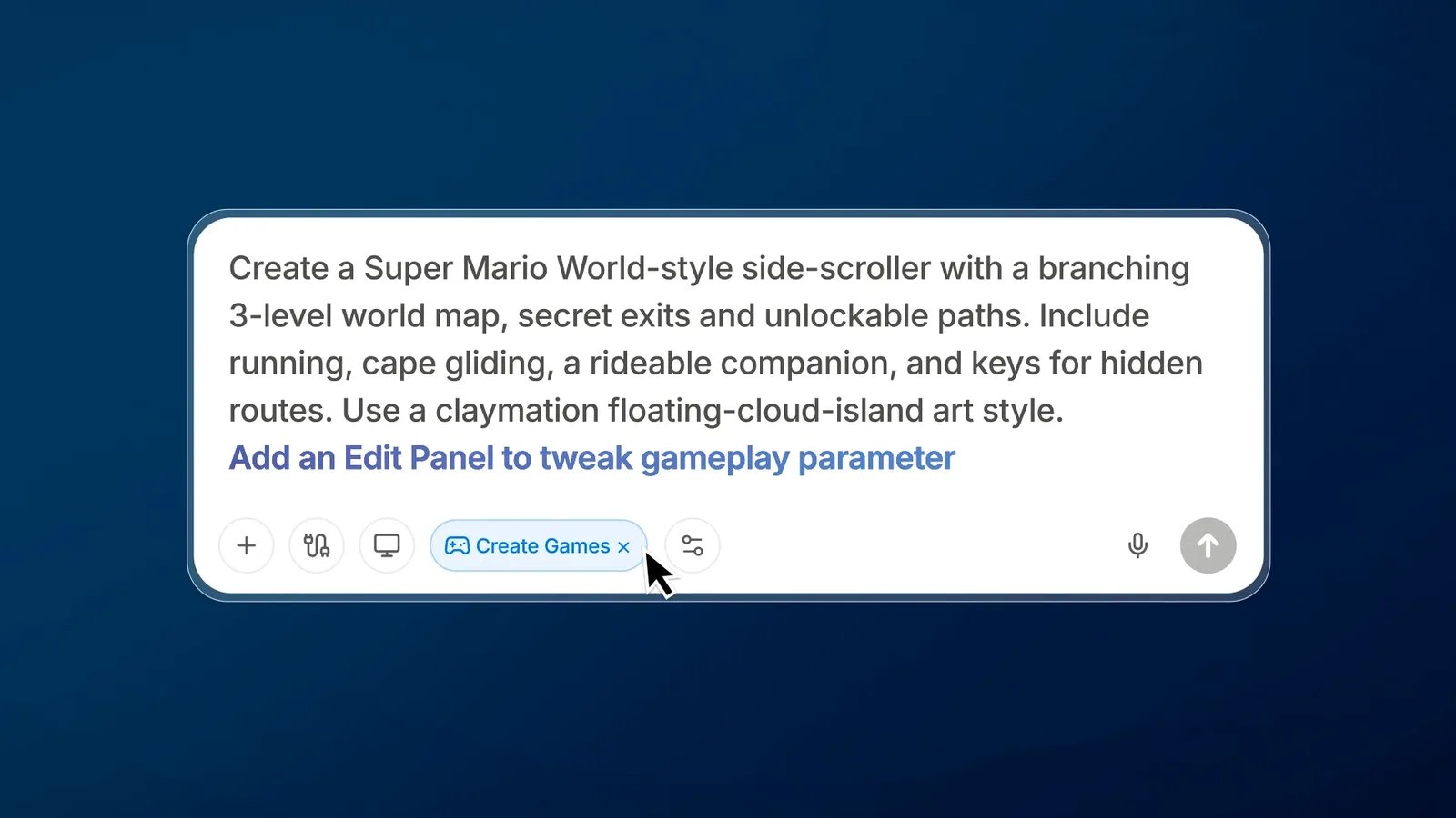A detailed game prompt in the Manus input box with the Create Games tag selected
