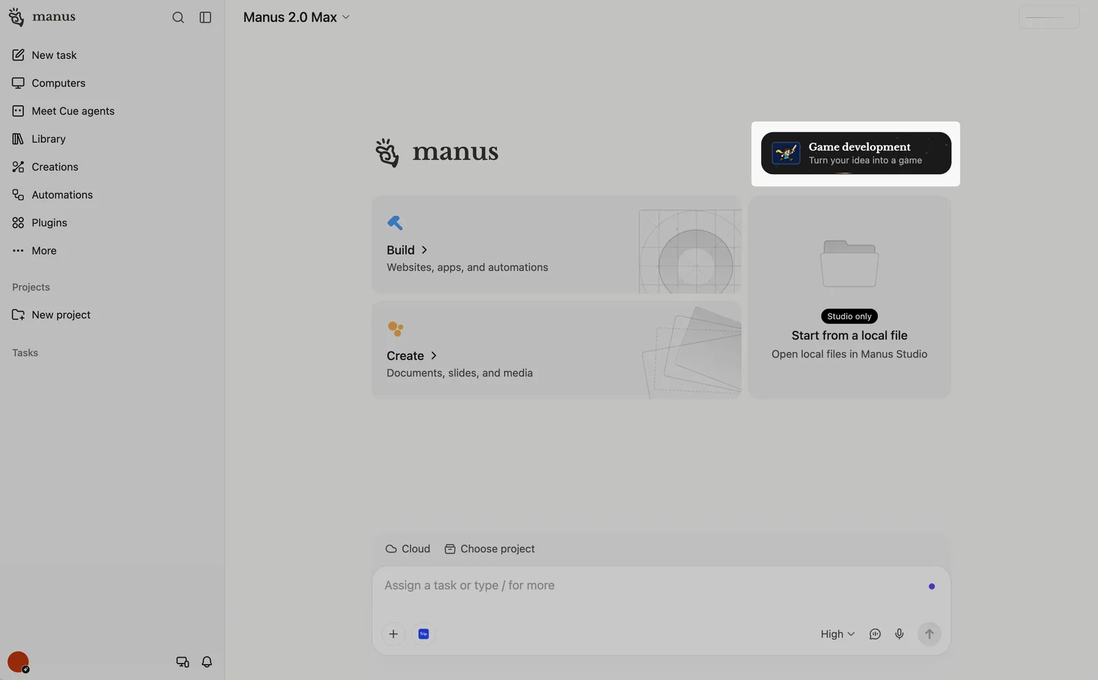 Der Startbildschirm von Manus mit hervorgehobener Verknüpfung Game development über den Karten Build und Create