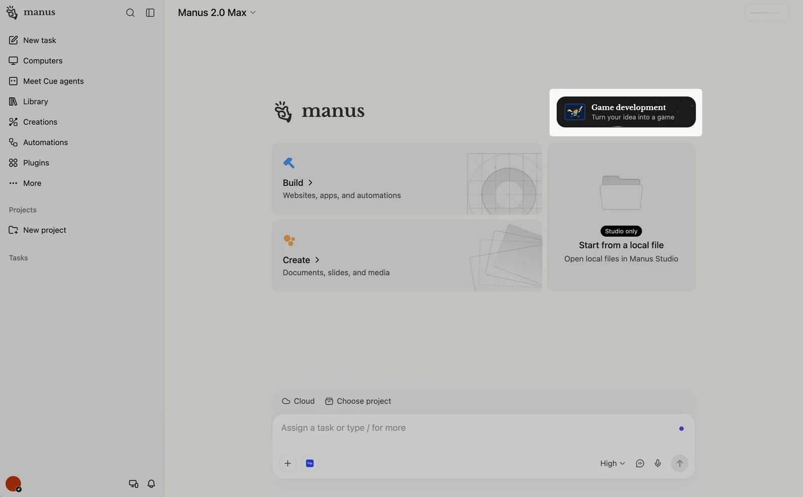 The Manus home screen with the Game development shortcut highlighted above the Build and Create cards