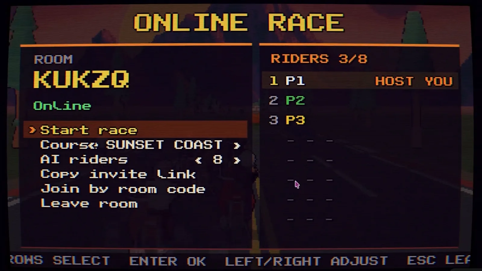Eine Online-Rennlobby mit Raumcode, Spielerliste und Optionen zum Kopieren eines Einladungslinks oder zum Beitreten per Raumcode
