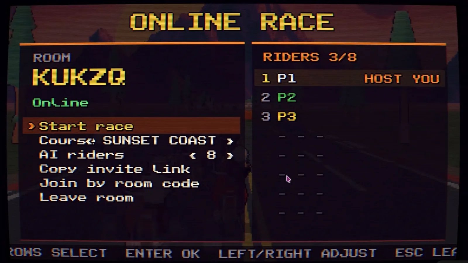 An online race lobby with a room code, a player list, and options to copy an invite link or join by room code