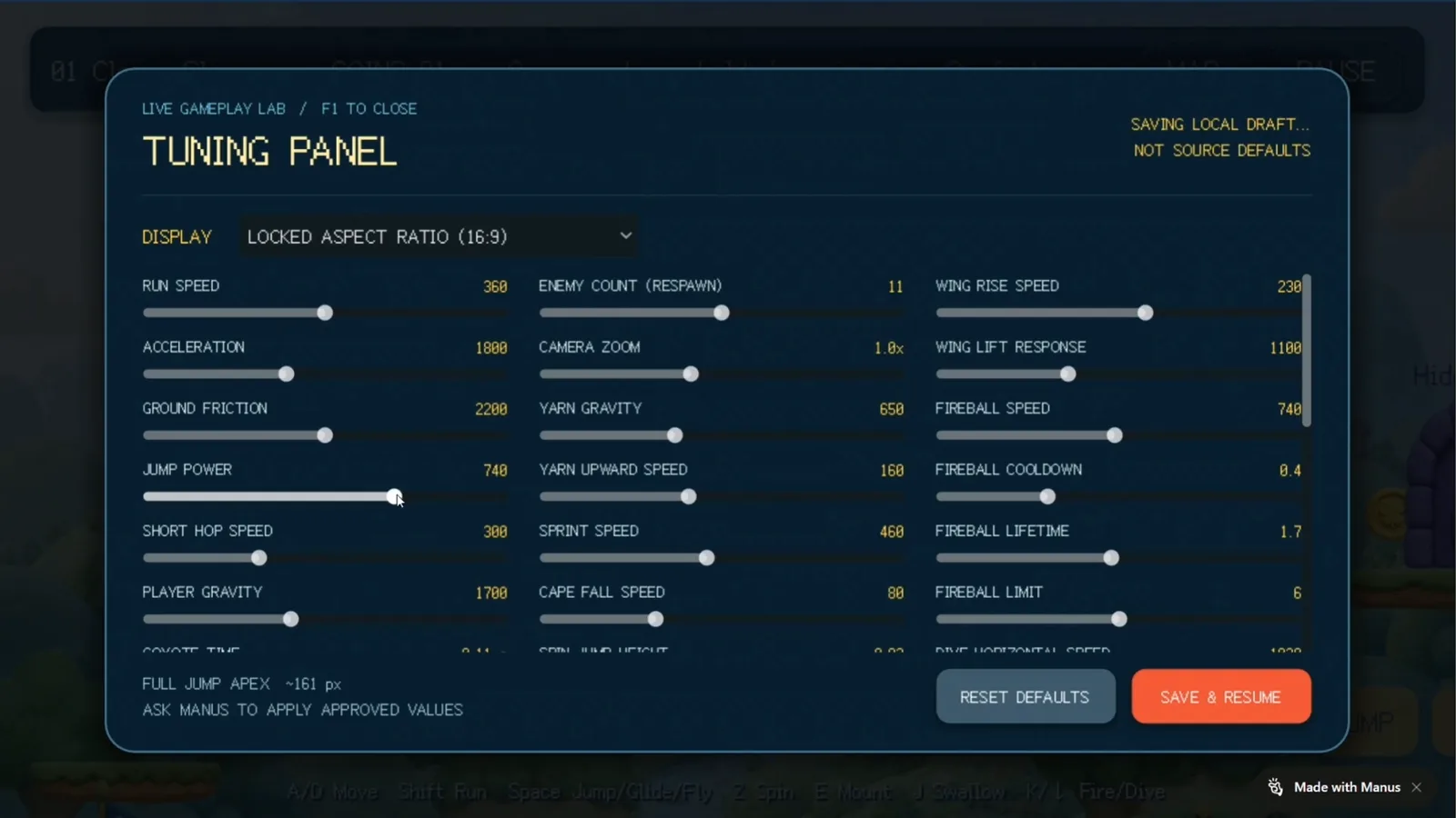 Ein Tuning panel mit Schiebereglern für Laufgeschwindigkeit, Sprungkraft, Schwerkraft der Spielfigur, Anzahl der Gegner, Kamerazoom und weitere Einstellungen