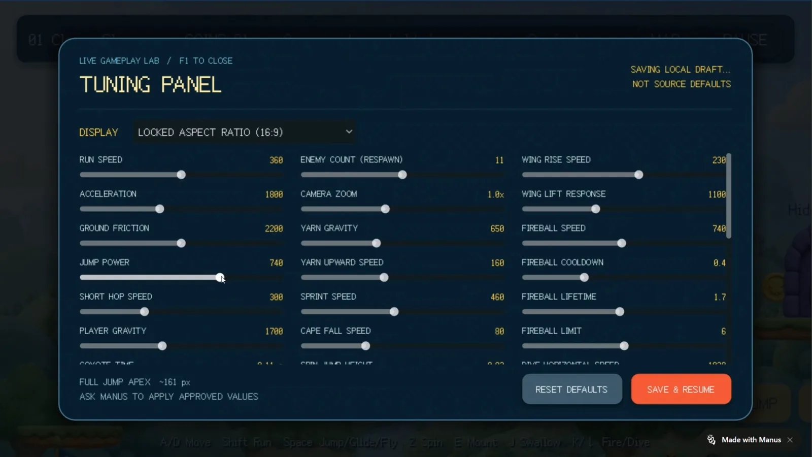 A tuning panel with sliders for run speed, jump power, player gravity, enemy count, camera zoom, and other settings