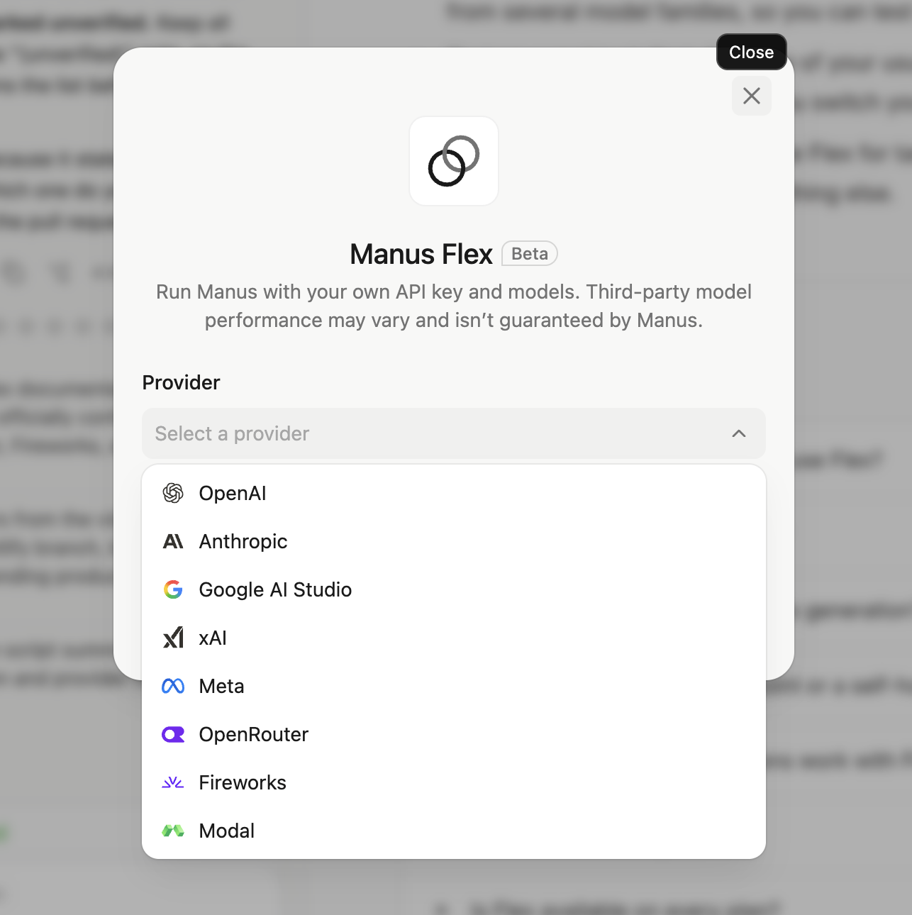 Manus Flex setup window with the Provider list open, showing OpenAI, Anthropic, Google AI Studio, xAI, Meta, OpenRouter, Fireworks, and Modal