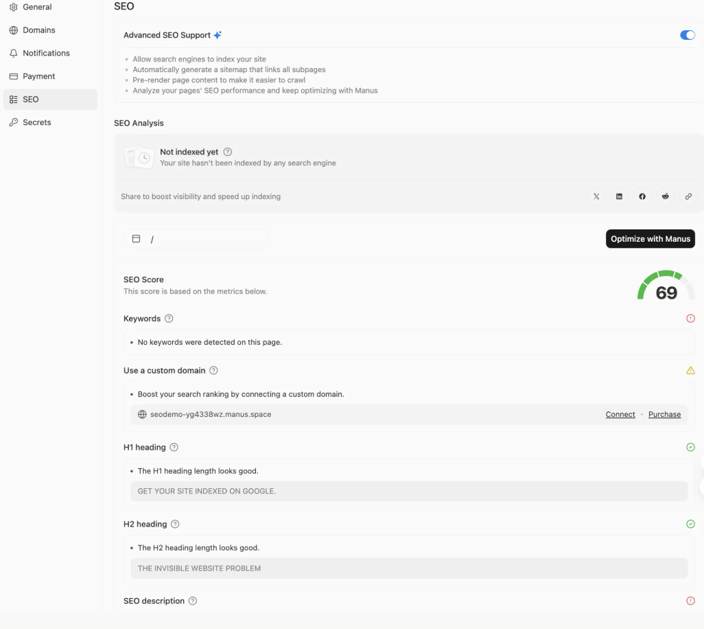 Search Engine Optimization - Manus Documentation