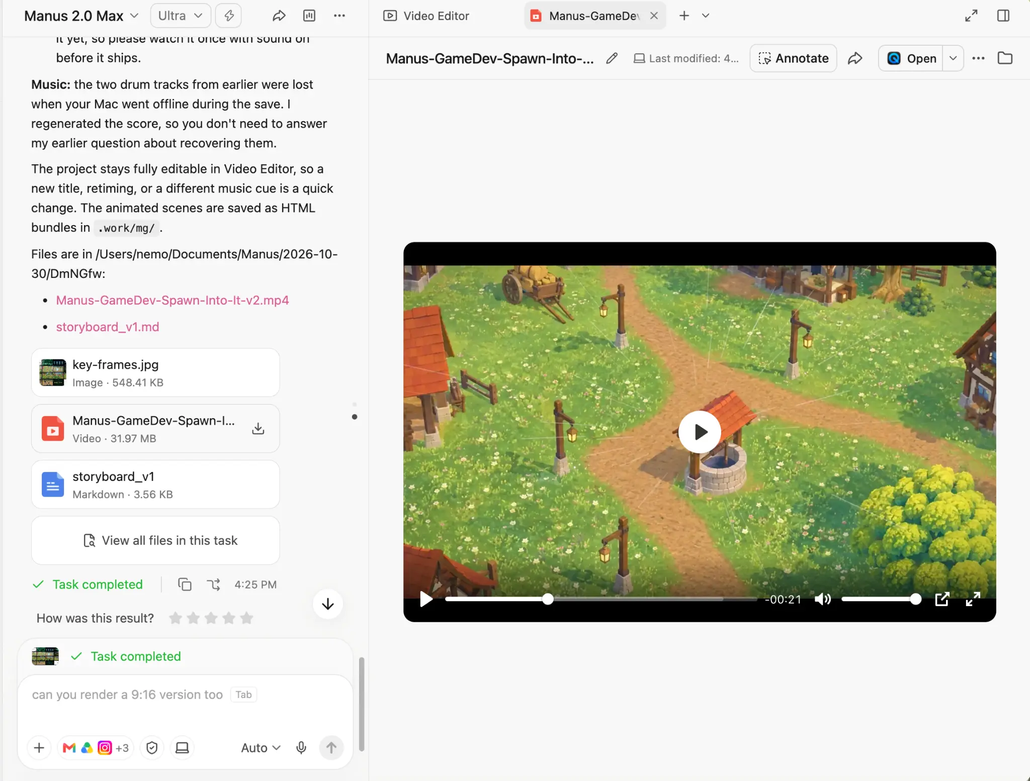 Manus Studio task chat with a video file card that shows a download icon on hover. The Video Editor tab on the right plays the same video.