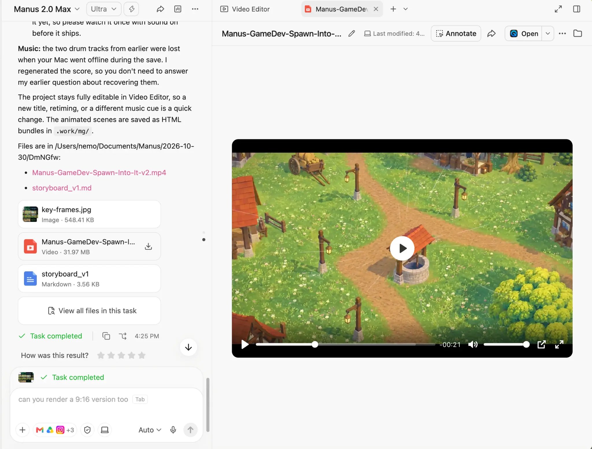 마우스를 올리면 다운로드 아이콘이 표시되는 동영상 파일 카드가 있는 Manus Studio 작업 채팅. 오른쪽 Video Editor 탭에서는 같은 동영상이 재생됩니다.