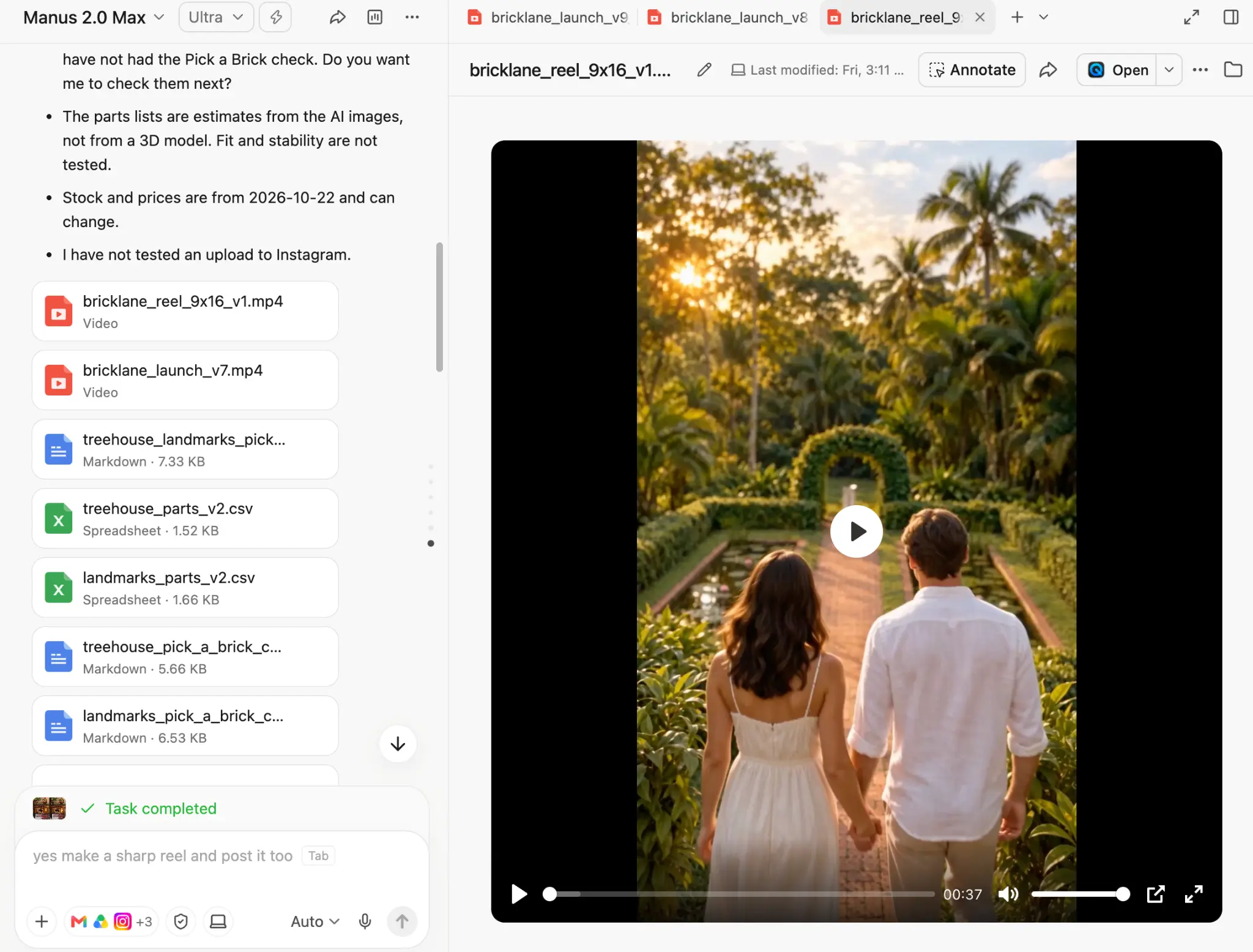 Manus Studio workspace with three video version tabs at the top. The active tab plays a vertical reel, and the header shows its file name and last-modified time.