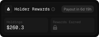 Holder Rewards widget on a token page — holdings, payout timer, and rewards earned