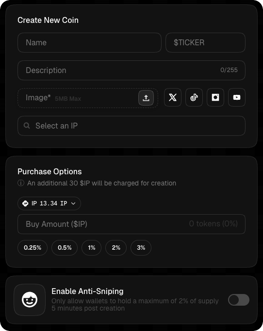 Create New Coin form — name, ticker, description, image, socials, purchase options, and anti-snipe toggle