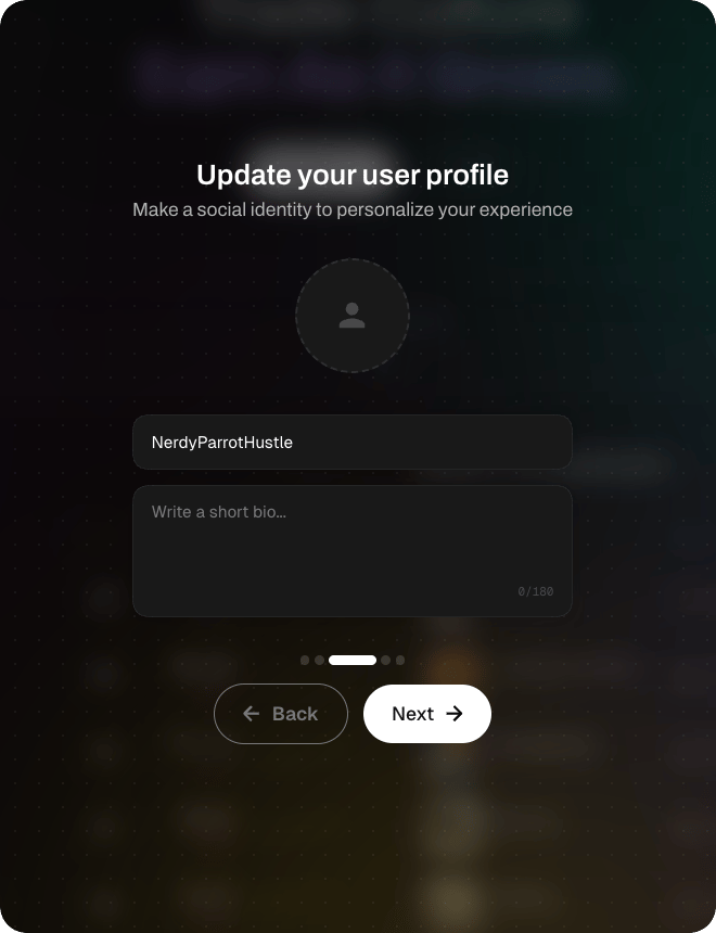 Profile creation — username, bio, avatar