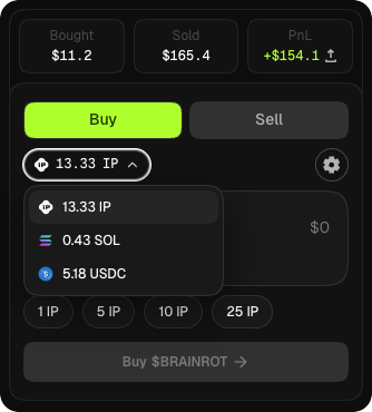 Trade panel — buy mode with pay asset selector