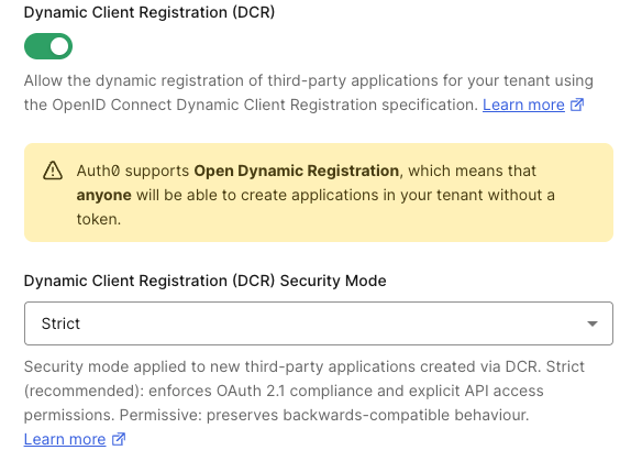 Dashboard Advanced Tenant Settings with DCR Security Mode dropdown