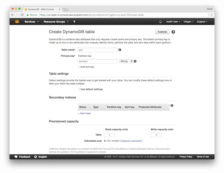 DynamoDB Console - Configure Newly Created Table