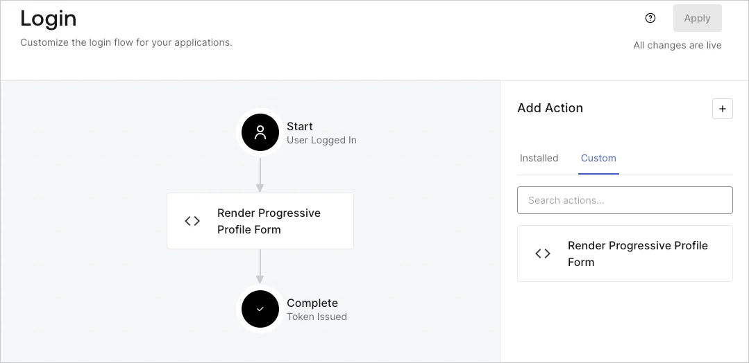 Dashboard > Forms > Use Cases Progressive Profile Login Action