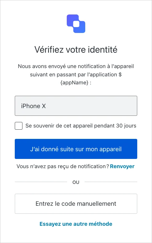 Un exemple d’invite MFA affichant le bouton Manually Enter Code (Saisir le code manuellement).