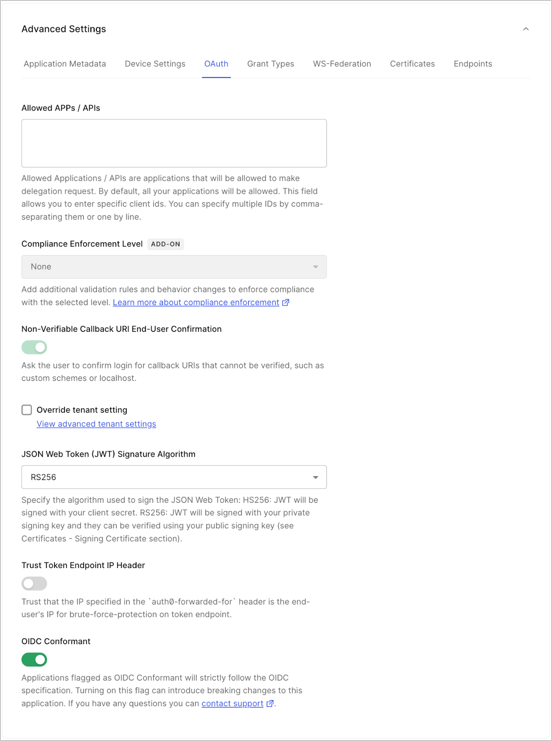 Dashboard Applications Onglet Paramètres de l’application Onglet Paramètres avancés Onglet OAuth