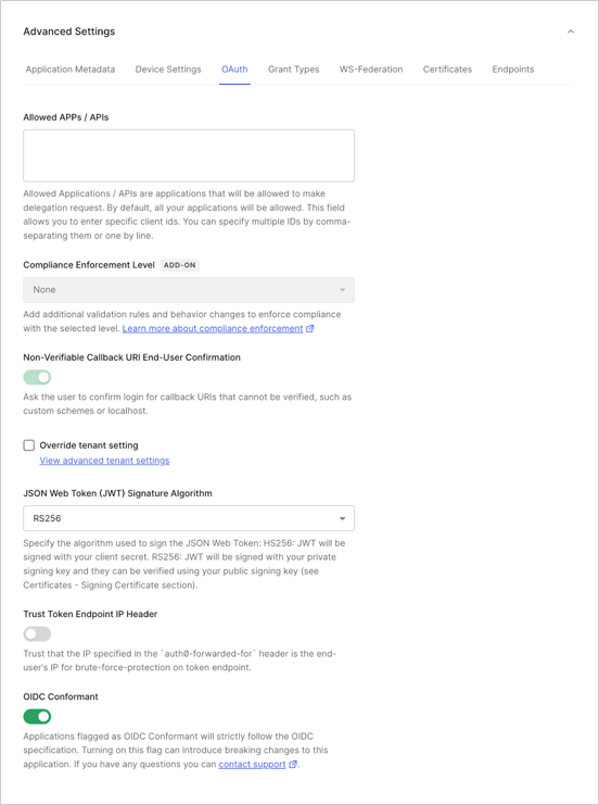 Dashboard Applications Onglet Paramètres de l’application Onglet Paramètres avancés Onglet OAuth