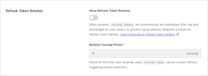 Dashboard Applications Applications Settings Tab Rotation des jetons d’actualisation